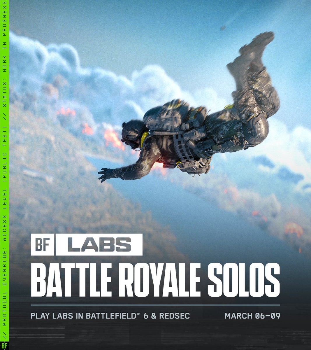 Battlefield_la's tweet photo. ¡Olvídate del escuadrón! Aquí tú tienes el control. 🪂

Prueba el modo Solos en Battle Royale de #Battlefield6 y #REDSEC del 6 al 9 de marzo. ¡Abierto para todos! 🔓 https://t.co/UvDKxzMrGj