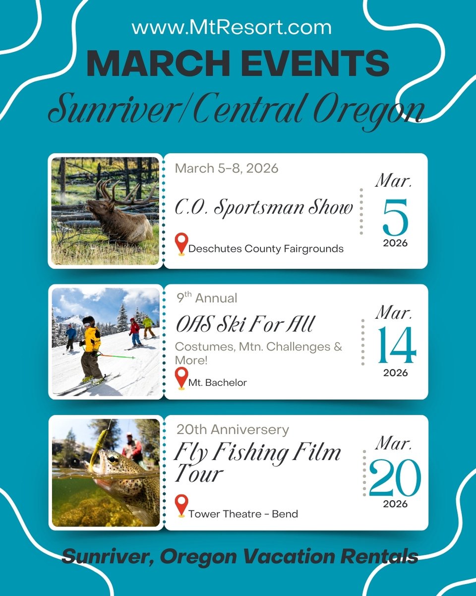 MtResortDotCom's tweet photo. March in Sunriver = Nonstop Action.

The latest lineup of events is here, and you won’t want to miss what’s happening around Sunriver &amp;  beyond. 
Make a weekend of it with Mountain Resort Properties and turn events into memories.

📅Book your stay. Be part of the action! https://t.co/ayxGjYIjW8