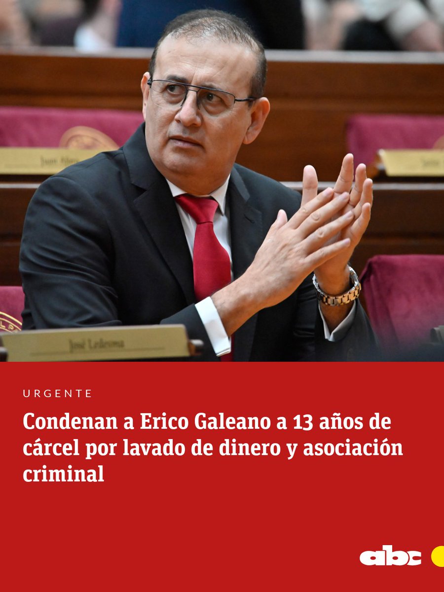 #URGENTE | 🔴El tribunal de sentencia condenó al Senador Erico Galeano a 13 años de prisión por lavado de dinero proveniente del narcotráfico y de la ley de drogas, en el marco de la causa #AUltranzaPy, luego de concluir el juicio oral y público este martes.

Ampliamos en
