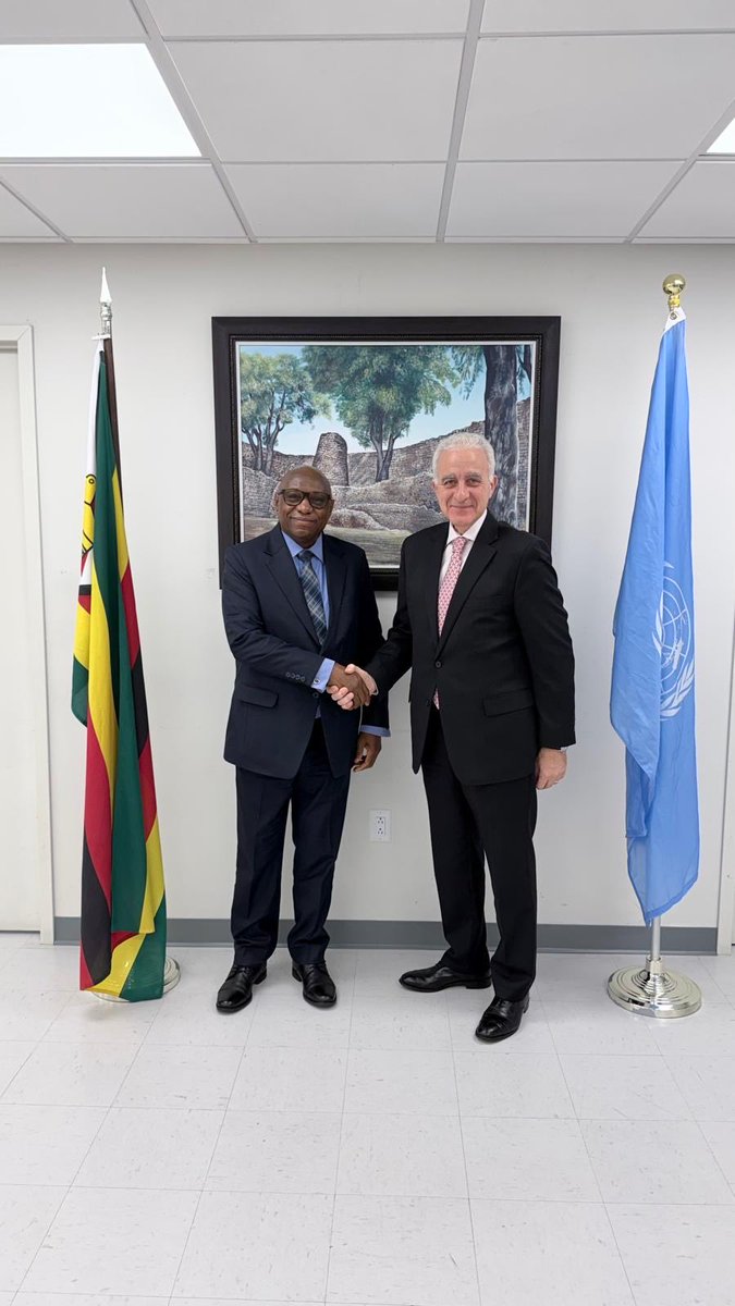 zimbabwe_un's tweet photo. The Permanent Representative of Zimbabwe to the United Nations, Ambassador Taonga Mushayavanhu, met with the candidate of the Republic of Cyprus for President of the United Nations General Assembly, (PGA)  #unga81, Ambassador Andreas S. Kakouris, to exchange views on his candidature and the priority areas envisaged for his tenure. During the meeting, the two discussed the warm and longstanding relations between Cyprus and Zimbabwe and reflected on areas of mutual interest within the multilateral system such as #sustainable development, #institutional effectiveness and Zimbabwe's campaign for election to the UNSC.
