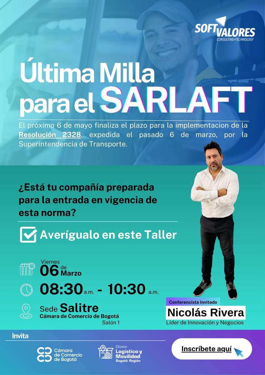 Softvalores's tweet photo. Última Milla para el #SARLAFT de @Supertransporte !

El próximo 6 de mayo finaliza el plazo para la implementación de la Resolución 2328.

¿Está tu compañía preparada para la entrada en vigencia de esta norma?

Averígualo en este taller!

Inscríbete aquí: https://t.co/vhBAbkw9Gw https://t.co/IBd8uQlSdR