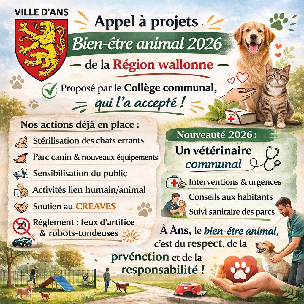 Ce mercredi, j’ai proposé au Collège communal, qui l’a accepté, de déposer la candidature de la Ville d’Ans à l’appel à projets “Bien-être animal 2026” de la Région wallonne. 🐾

#Ans #BienEtreAnimal #RégionWallonne #ProtectionAnimale