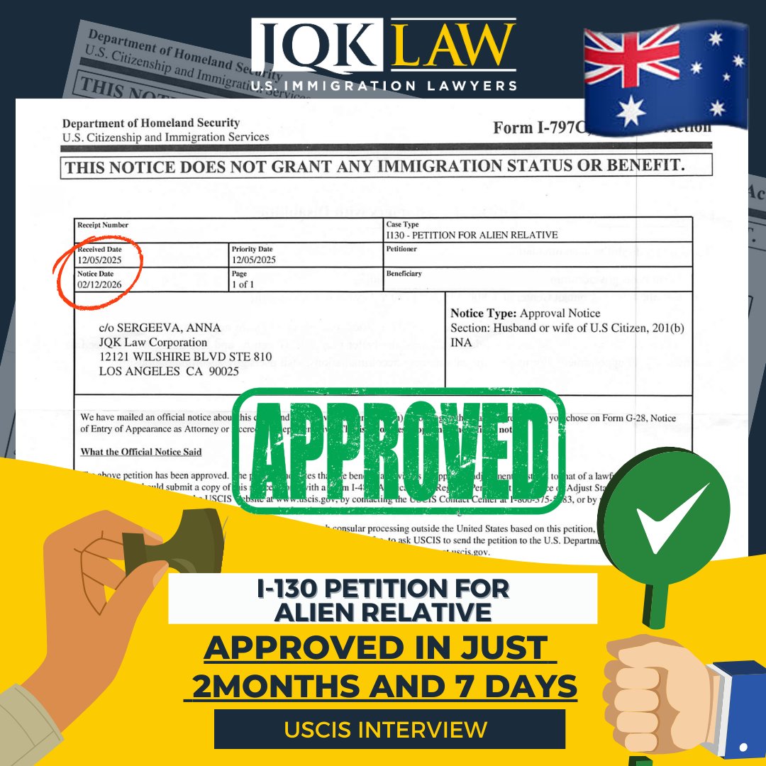 JQKLawFirm's tweet image. From 🇦🇺 to 🇺🇸, love won. Their marriage-based green card is approved, and their life together in America begins.

Ready to start your spouse visa or green card? JQKLaw.com/contact

#marriageimmigration #spousevisa #greencard #i130 #i485 #uscis #jqklaw
