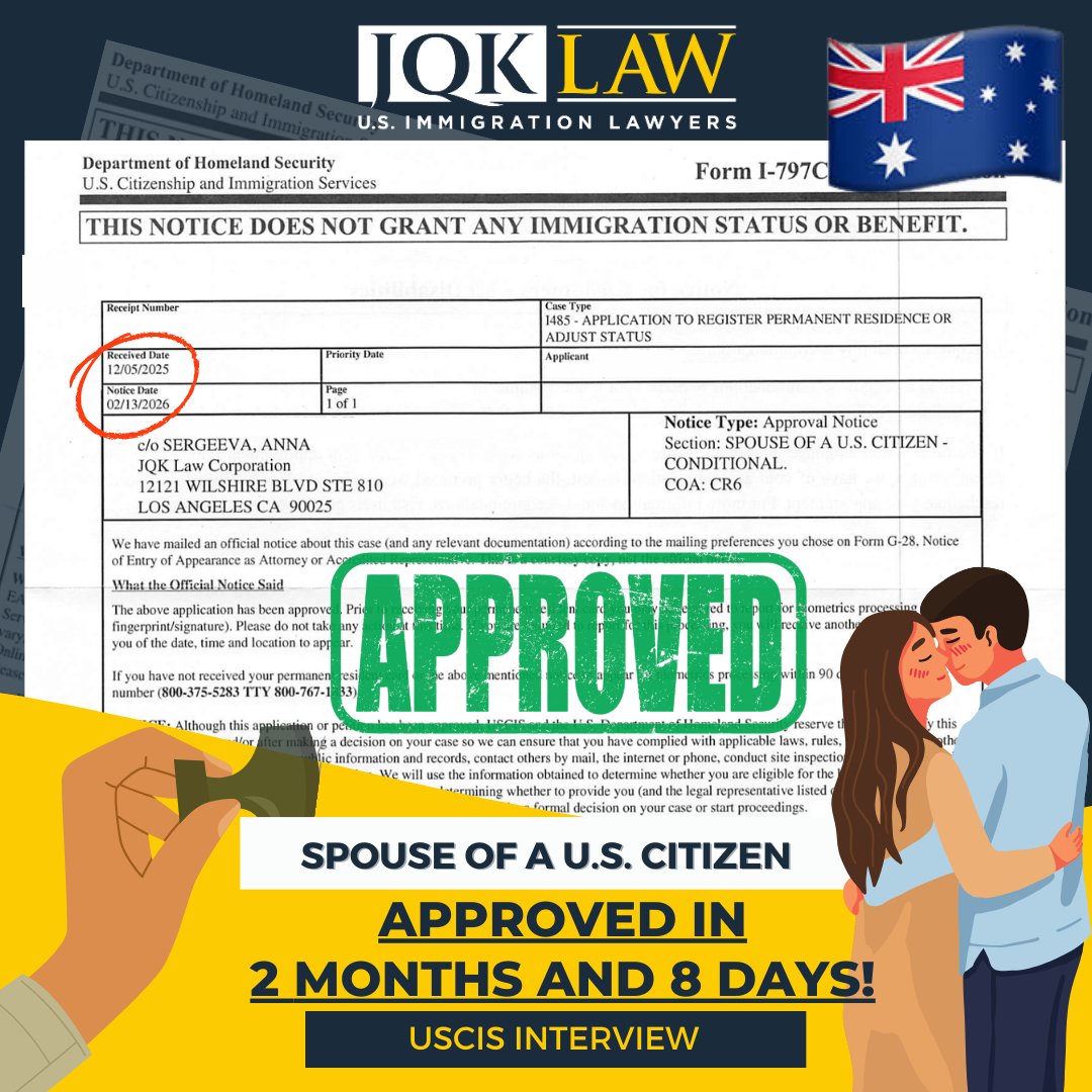 JQKLawFirm's tweet image. From 🇦🇺 to 🇺🇸, love won. Their marriage-based green card is approved, and their life together in America begins.

Ready to start your spouse visa or green card? JQKLaw.com/contact

#marriageimmigration #spousevisa #greencard #i130 #i485 #uscis #jqklaw