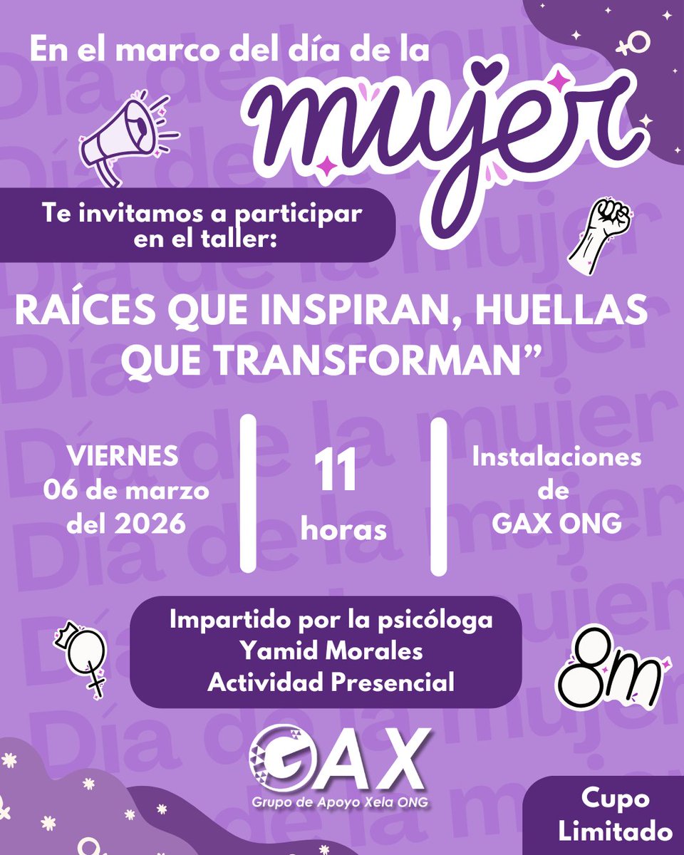💜✨ En el marco del Día de la Mujer te invitamos a ser parte del taller: “Raíces que inspiran, huellas que transforman” 🌿🔥

💜Inscríbete en el siguiente link y asegura tu espacio 👇🏽
🔗docs.google.com/forms/d/e/1FAI…