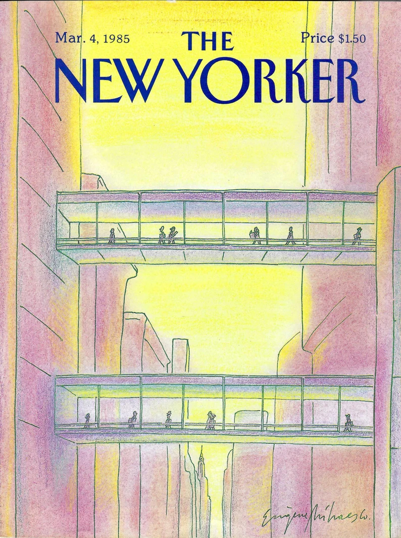 Hunter_College's tweet photo. #OnThisDay in 1985, @NewYorker published this stunning illustration by Eugene Mihaesco titled “City Walkways in the Sky,” depicting Hunter College’s iconic Skybridge over 68th Street and Lexington Avenue. #TheMoreYouKnow #HunterPride 💜 ✨ 🌟 https://t.co/woJHBesqvo