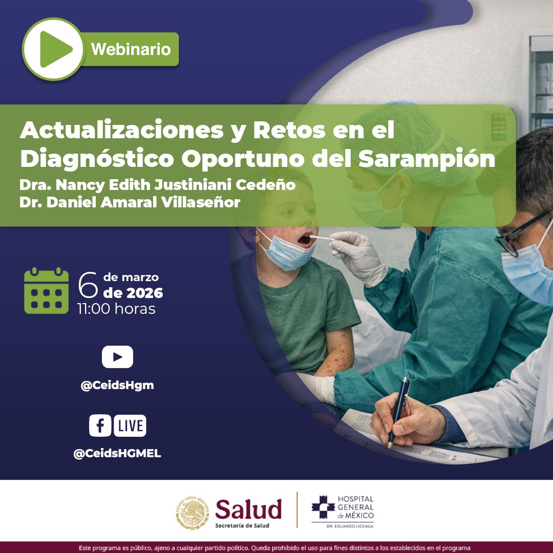 ¿Conoces los retos actuales para el diagnóstico del sarampión? 🌡️📢

📌 Sigue la transmisión aquí:

YouTube: youtube.com/live/xr7XSWWy9…

Facebook: facebook.com/share/1ArU71tS…

#EducaciónContinua #Salud #SarampiónActualidad #HospitalGeneralDeMéxico #WebinarMédico #Prevención
