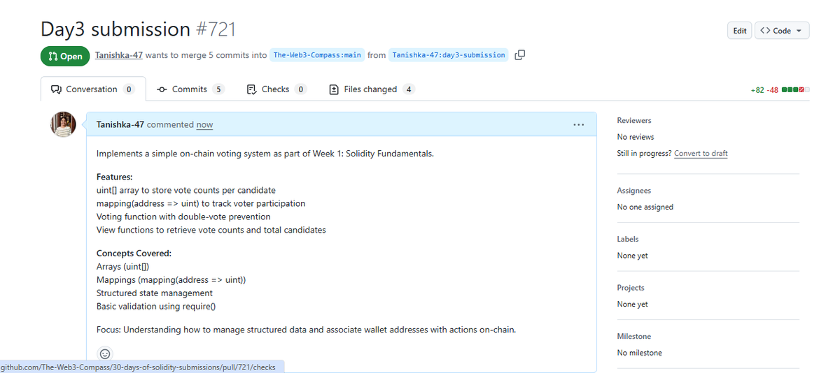 TechNishka47's tweet photo. Just completed Day 3 of @the_web3compass 30 Days of Solidity! 🚀

Building my way to becoming a Solidity developer, one contract at a time.

#30DaysOfSolidity #Web3 #Solidity https://t.co/QEC9jAfva0