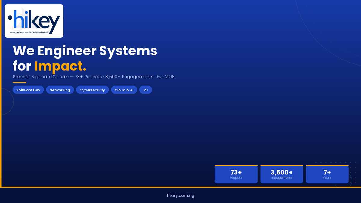 Hikey_Inc's tweet photo. WHO WE ARE: 
We don’t build technology for appearances.
We engineer systems for performance, longevity, and measurable impact.
Since 2018: 73+ major projects. 3,500+ technical engagements across Nigeria.

Engineered in Abuja. Built for scale.

Follow our journey.👇 
@hikey_ltd https://t.co/SJHK9MhHE2