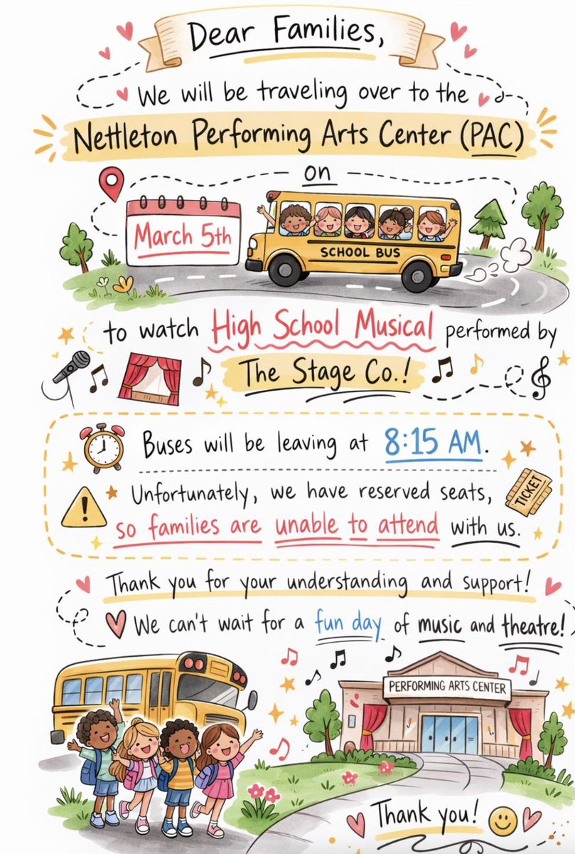 NettletonSTEAMe's tweet image. This is just a friendly reminder that we have a field trip at the Nettleton PAC tomorrow. Please make sure to arrive on time as buses will be leaving early in the morning. Thank you!! 🎶🎶
#STEAMe #SpringFieldTrip #HighSchoolMusical