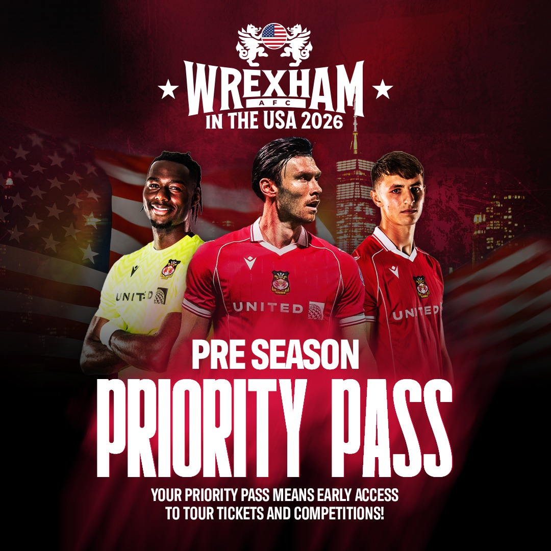 Wrexham_AFC's tweet photo. Stand aside, the Reds are coming 🇺🇸

Get your pre-season tour Priority Pass now to secure early ticket access and a chance to win exclusive competitions. 

🔴⚪️ #WxmAFC
