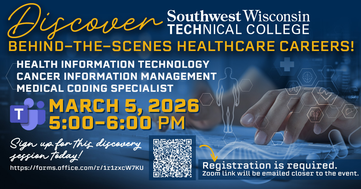 swtc's tweet photo. 𝐓𝐨𝐦𝐨𝐫𝐫𝐨𝐰! 𝐃𝐨𝐧'𝐭 𝐌𝐢𝐬𝐬 𝐢𝐭!

Explore our Health Information Technology (HIT), Cancer Information Management (CIM), and Medical Coding programs!

After you register, you’ll receive a Zoom link to join the event.

Register: https://t.co/brzPlgVMce https://t.co/vjUHy1mEpU