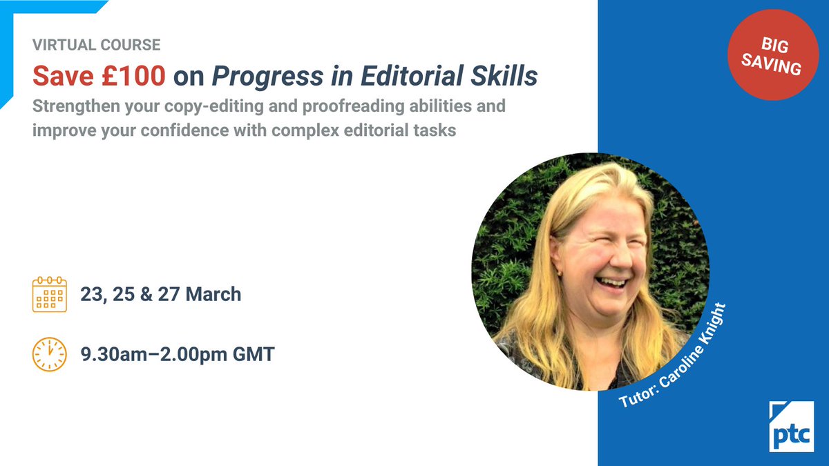 PTCBookHouse's tweet photo. If you’re looking to take your knowledge of copy-editing and proofreading to the next level, join this intermediate-level course. Book on our March outing and save £100!

Enrol today: https://t.co/dAjJlDS5DU

#publishingtraining https://t.co/rCozFVvze4