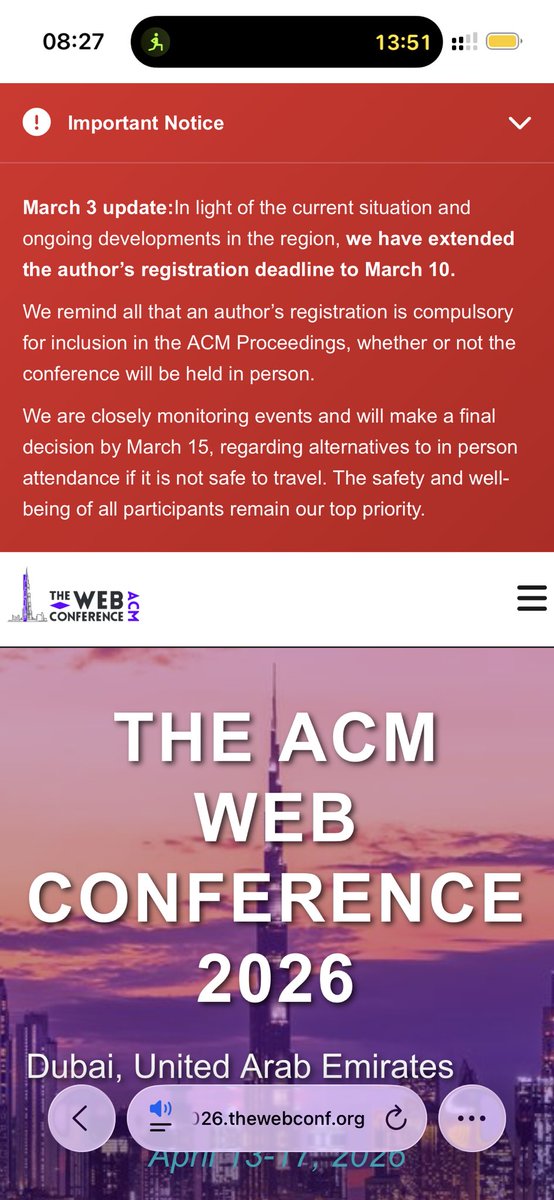 xlth's tweet image. The Web Conference 2026 (Dubai, April 13-17): Registration deadline is March 10, but organizers won't decide if it's in-person or virtual until March 15. How do you plan travel or pick a registration tier without knowing the format? #TheWebConf #AcademicLife #ACM