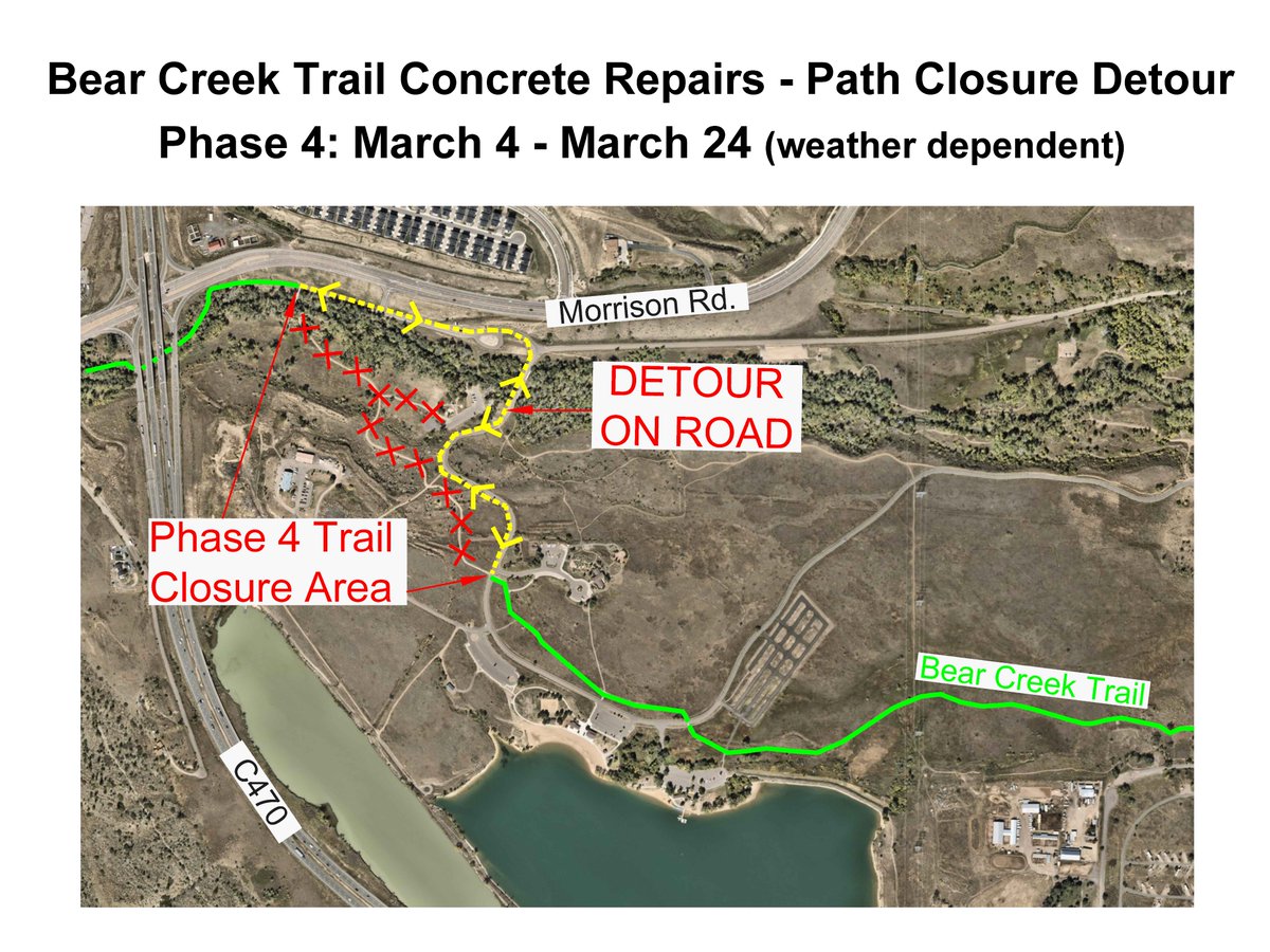 Portions of the popular Bear Creek Trail in Bear Creek Lake Park are receiving concrete repairs. Today is the start of Phase 4. Please use this map to help plan your route.

More information is available at lakewoodtogether.org/BearCreekTrail.