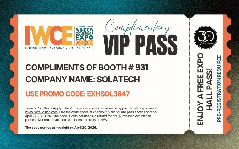 Solatech's tweet photo. Act now to get your FREE ticket for the 2026 International Window Coverings Expo in Raleigh, NC from April 21st to 23rd. 

To claim your FREE tickets for the 2026 IWCE, click the link below and use Promo Code EXHSOL3647

https://t.co/B51eUGb9Gd https://t.co/vvceD5K5rv
