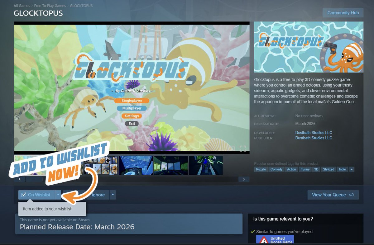 DustbathStudios's tweet photo. Spoiler Alert: WEVE GONE GOLD

GLOCKTOPUS is officially available to WISHLIST ON STEAM!!

#Indiegame #indiedev #indiegames #newgame #gamedevlife #IndieGameDev #NoAI #Wishlist #newsteamgame #Steamworks #Steam #gamer https://t.co/uSehffmHz1