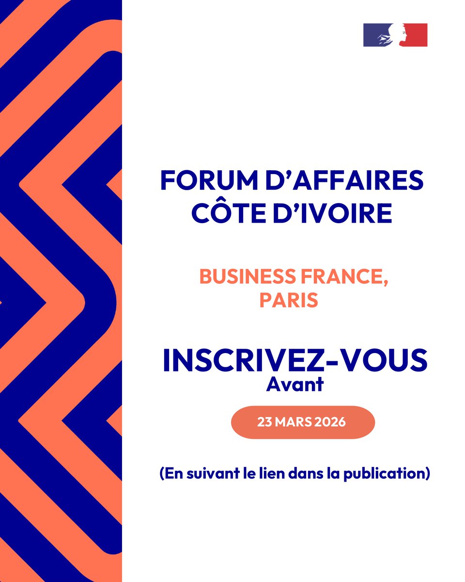 Le CEPICI, partenaire du 𝐅𝐨𝐫𝐮𝐦 𝐝’𝐀𝐟𝐟𝐚𝐢𝐫𝐞𝐬 – 𝐂ô𝐭𝐞 𝐝’𝐈𝐯𝐨𝐢𝐫𝐞, invite les investisseurs, entreprises et institutions à prendre part au Forum d’Affaires – Côte d’Ivoire, organisé par Business France, le 𝟐𝟔 𝐦𝐚𝐫𝐬 𝟐𝟎𝟐𝟔 à 𝐏𝐚𝐫𝐢𝐬. Il y sera question