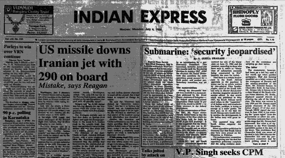 1988 :: US Missile Downs Iranian Jet With 290 On Board 

Mistake , Says Reagan