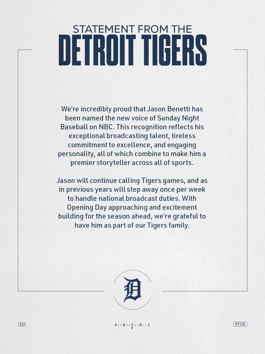 The new voice of Sunday Night Baseball on <a href="/NBCSports/">NBC Sports</a>! 👏

We are grateful to have <a href="/jasonbenetti/">Jason Benetti</a> as part of our Tigers family and you can continue to catch him calling Tigers games all season long.