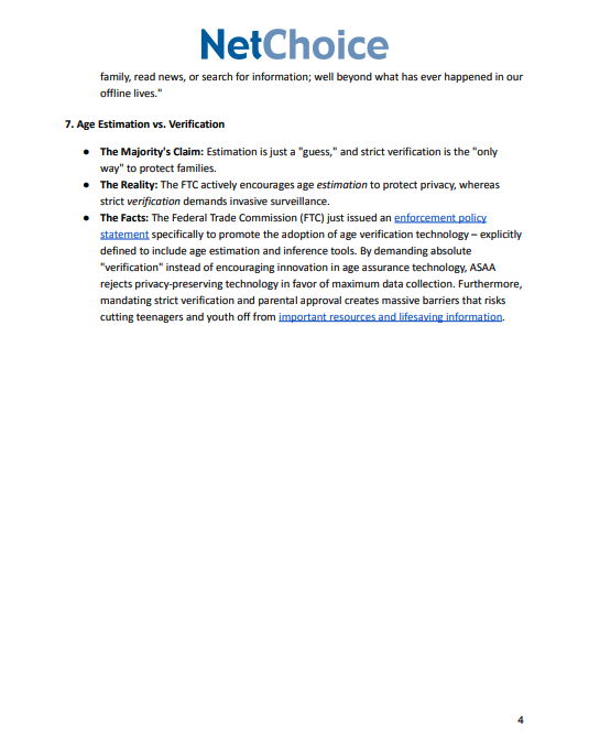 A "Myth vs. Fact" document from <a href="/HouseCommerce/">Energy and Commerce Committee</a> attempts to downplay the severe privacy, security, and constitutional risks associated with mandatory, sweeping age verification and digital ID.

Here is a step-by-step rebuttal from NetChoice to each of their claims.👇