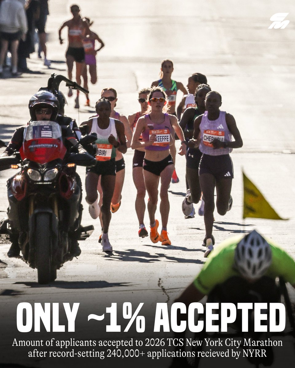 🗽 NYRR has announced that they received 240,000+ applications from 160+ countries for the 2026 TCS New York City Marathon, which was a near-20% jump from 2025 and the second consecutive record-breaking year. 

Only ~1% of applicants will be accepted‼️

⏱️ Non-NYRR Time