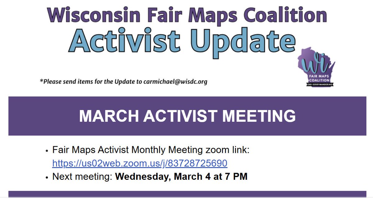 RepresentUsWI's tweet image. Come take up the fight against #gerrymandering and for #FairMaps in Wisconsin!  The FairMaps Coalition meets tonight, Wednesday, 3/4, at 7:00 pm on Zoom at:
bit.ly/47m9luo