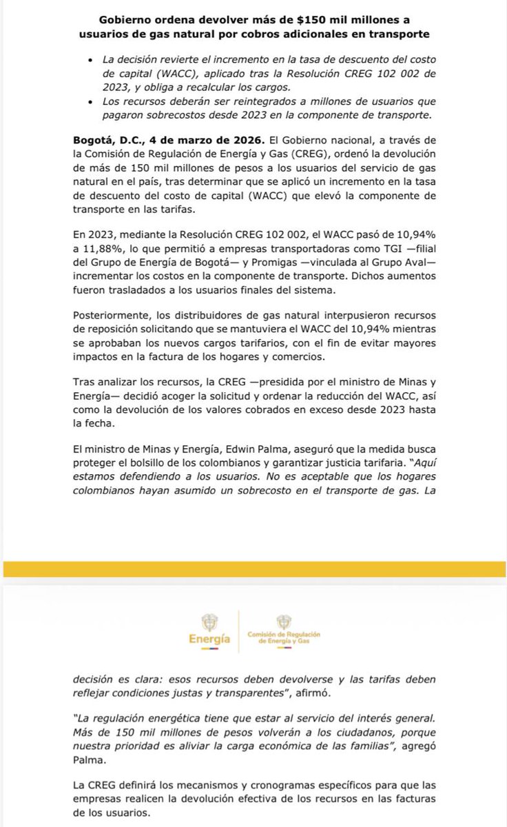 #ATENCIÓN | El Gobierno Nacional ordenó devolver más de $ 150 mil millones a usuarios del gas natural por cobros adicionales de transporte. 

El ministerio de Minas señaló que la CREG (Comisión de Regulación de Energía y Gas) definirá los mecanismos y cronogramas específicos para