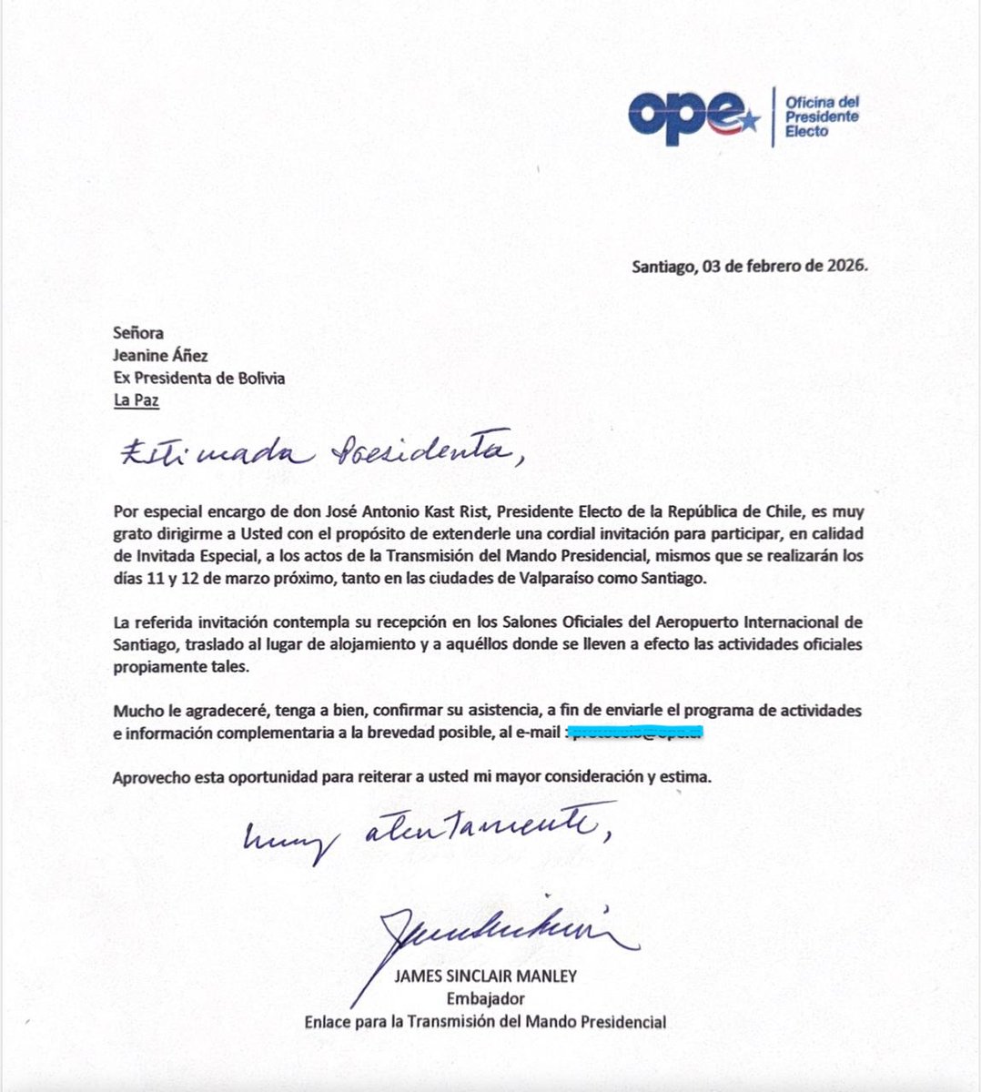 Expreso mi sincero agradecimiento al Presidente electo de Chile, José Antonio Kast Rist, por la amable invitación al acto de transmisión de mando en el que será posesionado para asumir funciones. Será un honor acompañarlo en un momento tan significativo para usted y para el