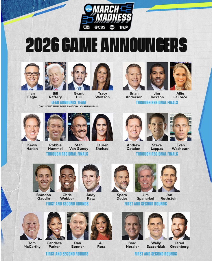 CBS Sports and TNT Sports announced their 2026 NCAA Tournament Commentator Teams