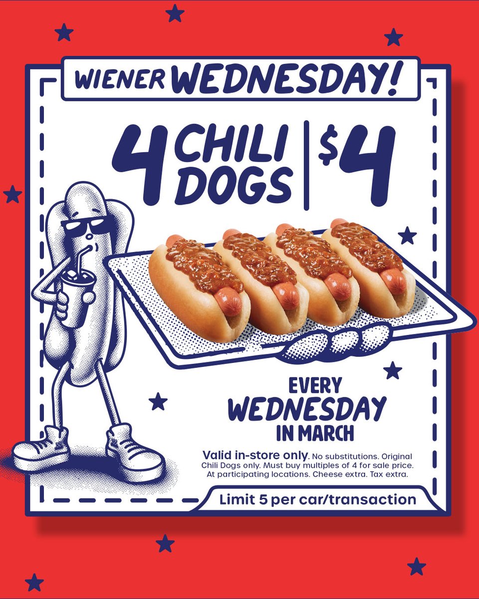 Good vibes only this Wiener Wednesday. 😎 4 Chili Dogs for $4, every Wednesday in March.