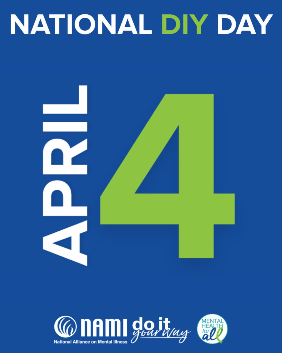 NAMICommunicate's tweet photo. Celebrate National DIY Day with NAMI.

On April 4, create a #DoItYourWay fundraiser to support mental health. Host an event, share your story, or turn a hobby into impact.

Start your fundraiser today: https://t.co/oYIfqzfXdJ

#NationalDIYDay #DIYforMentalHealth #DoItYourWay #MentalHealthAwareness