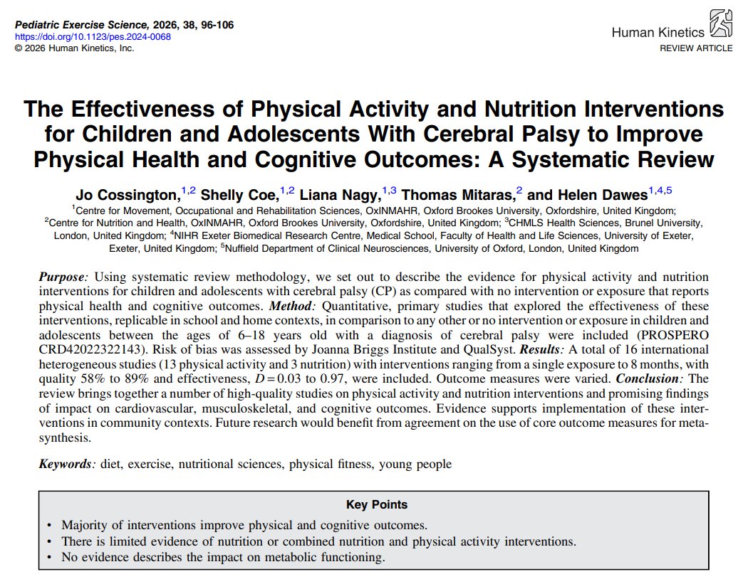 pesjournal's tweet photo. 🏃‍♂️🥗 Cossington et al. show in a systematic review that PA and nutrition interventions may improve cardiovascular, musculoskeletal, and cognitive outcomes in children with cerebral palsy, highlighting the need for standardized outcome measures. DOI: https://t.co/QOO49Oxosk https://t.co/EVvpgInvKe