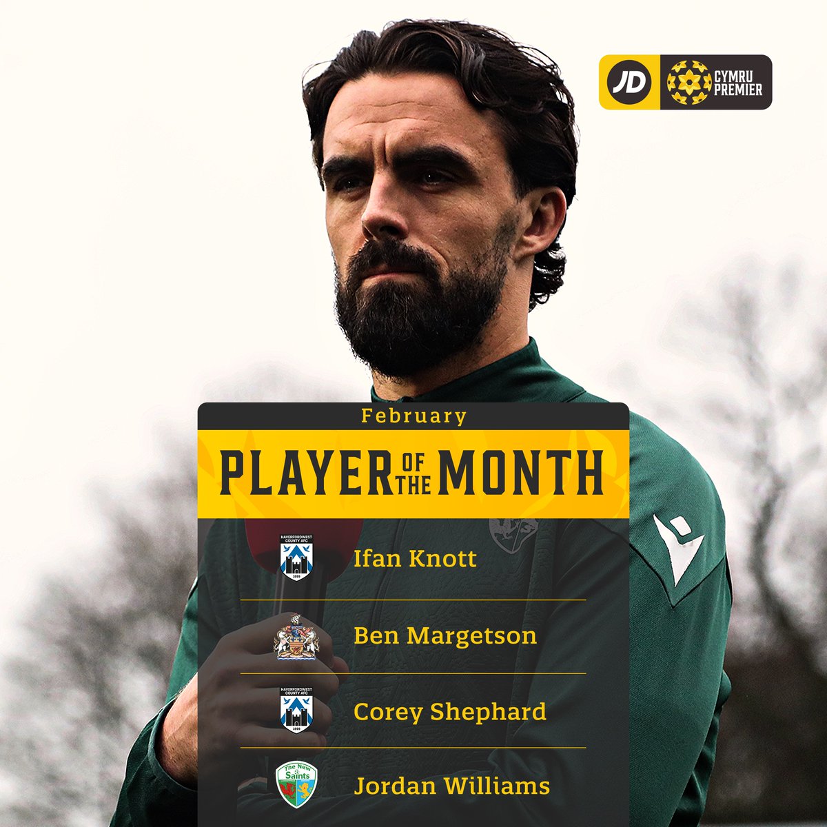 CymruLeagues's tweet photo. 🥁 Presenting the shortlist for February's Player and Manager of the Month awards across the #JDCymruLeagues.  

🗳️ Click below to find out how to vote, with the fan poll being combined with an independent voting panel to determine the winners 👇