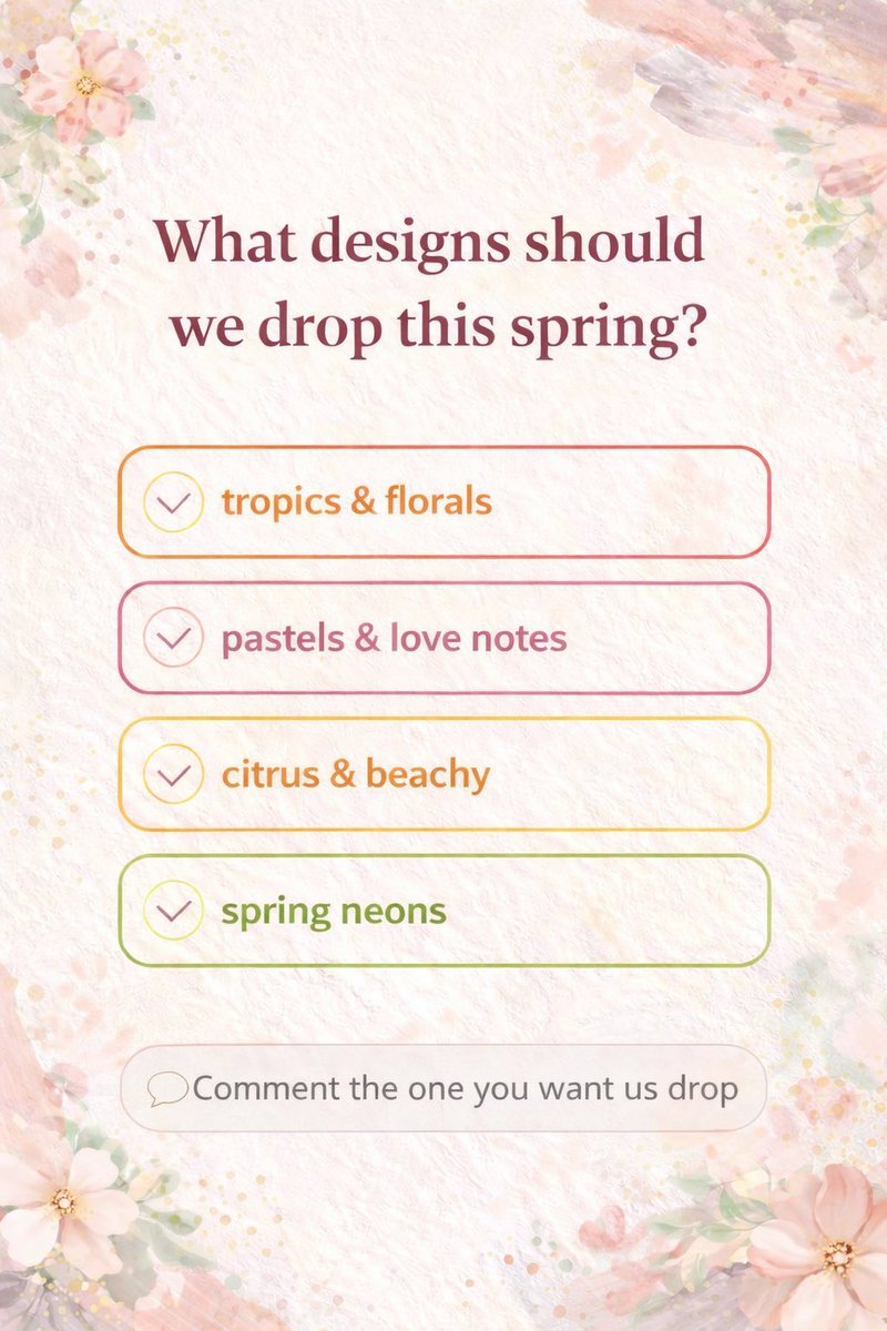 TwinsTRS's tweet photo. Spring is coming 👀
What designs should we drop next?

Comment your pick below 👇

🌺 Tropics &amp; Florals
💌 Pastels &amp; Love Notes
🍊 Citrus &amp; Beachy
🌈 Spring Neons

#SpringStyle #DesignDrop #VoteYourFavorite #TwinRayStudios https://t.co/QKE2qwIyAN