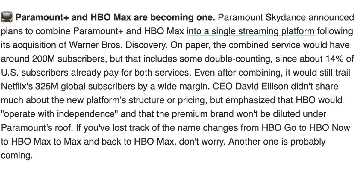 #ParamountPlus and #HBOMax to Become One After Merger. Source: The Dailies[newsletter.readthedailies.com]