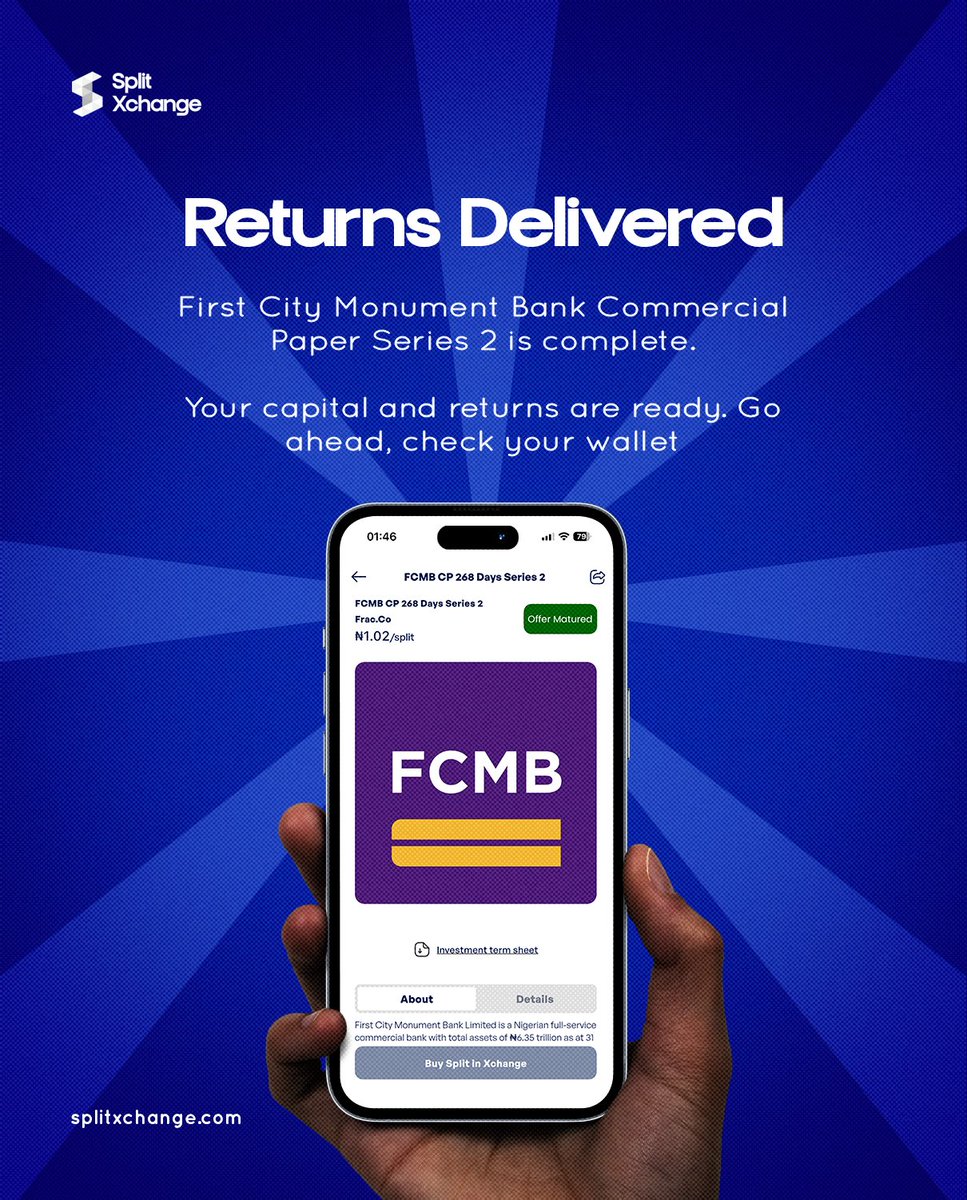Invested in FCMB Commercial Paper Series 2? Your wallet now has the maturity outcome.

Check your wallet to see the returns. Click on the link in the bio. 

#SplitXchange #SplitStar #AltInvestment #SmartMoneyMoves