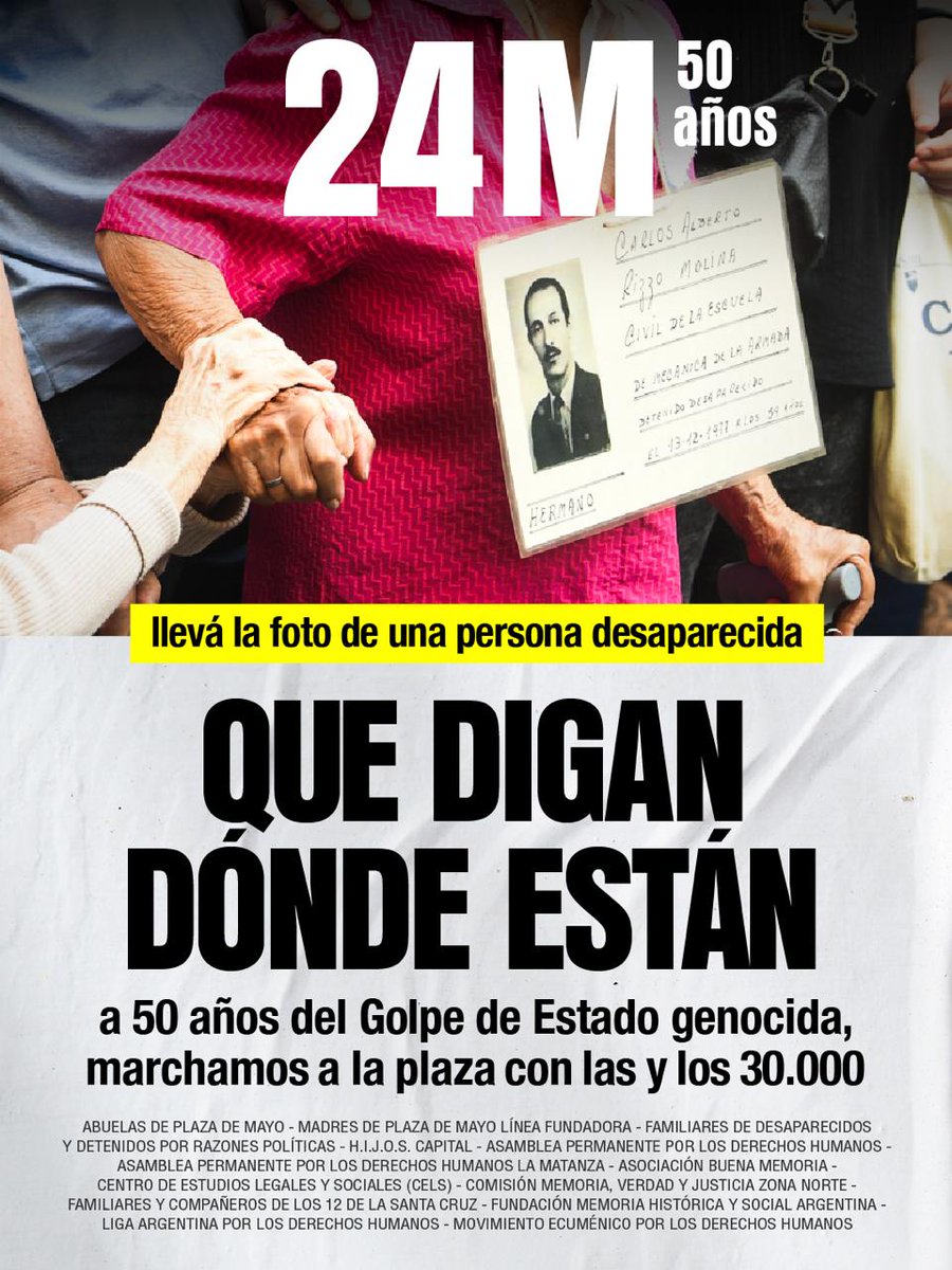A 50 años del Golpe Estado genocida, marchamos con las y los 30.000

Te invitamos a que armes una pancarta con la foto de un compañera o compañero desaparecido, en tamaño A4, con el nombre y la consigna “Que digan dónde están”

#50AñosDelGolpeGenocida 
#Son30Mil