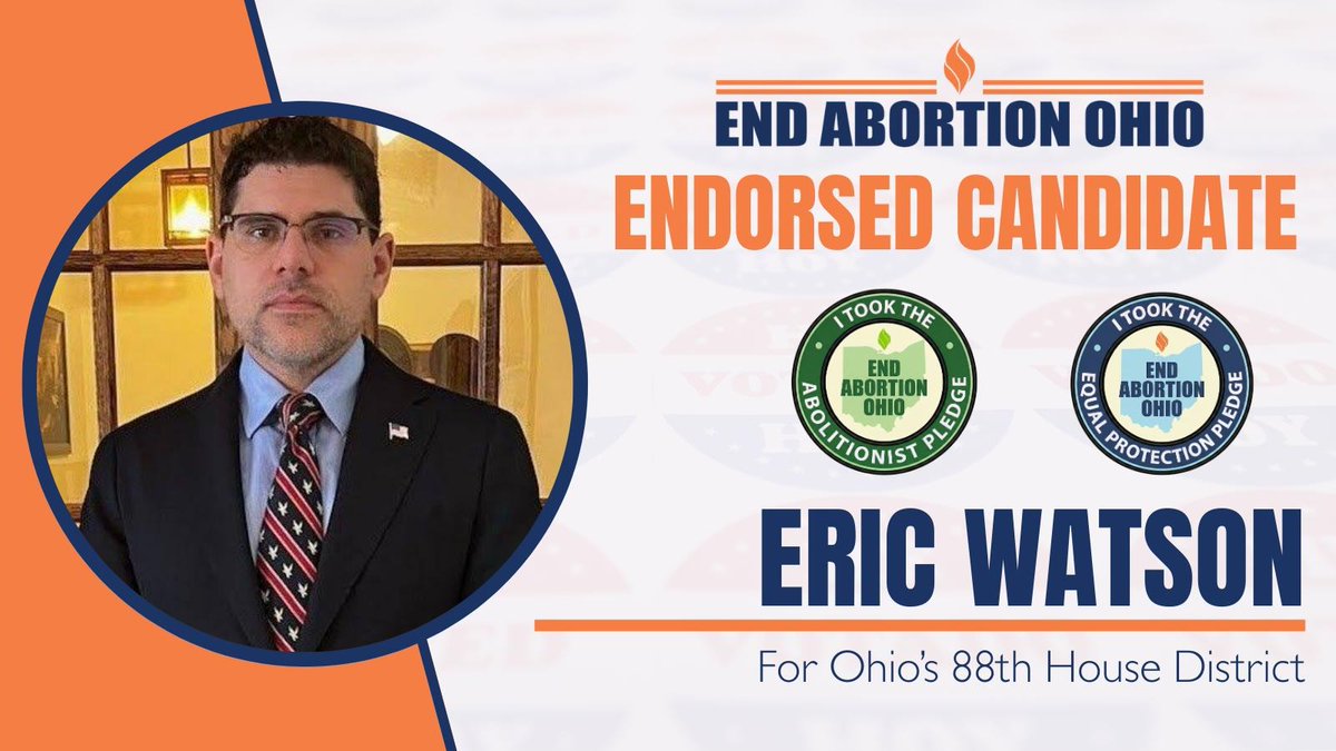 🚨Ohio! We have an Abolitionist running for office!🚨

End Abortion Ohio today endorses Eric Watson (ericwatsonforohio.com) for the Republican nomination in Ohio's 88th House District, where he is challenging incumbent Rep. Gary Click (<a href="/clickforohio/">Rep Gary Click 🇺🇸 💯👍</a>) in the May 5, 2026 primary.