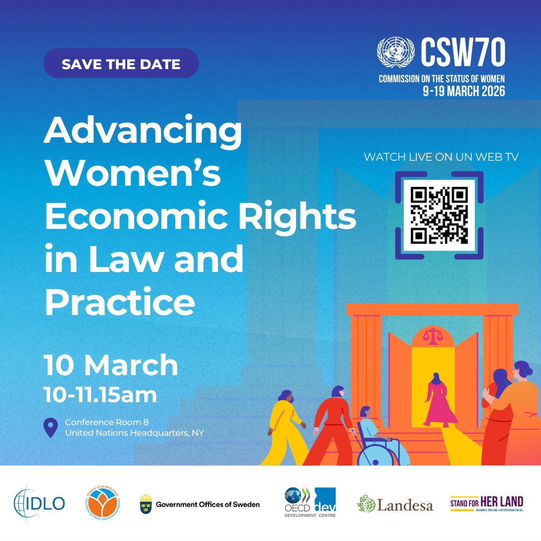 IDLO's tweet photo. 🧐How can strong legal frameworks and effective justice institutions help level the playing field for women's economic opportunities?

Our side event at #CSW70, "Advancing Women's Economic Rights in Law and Practice", will share #RuleOfLaw solutions for advancing women's economic rights and discuss persistent challenges.

➡️https://t.co/Ii05c2Isen

@OECD @Stand4HerLand @Landesa_Global