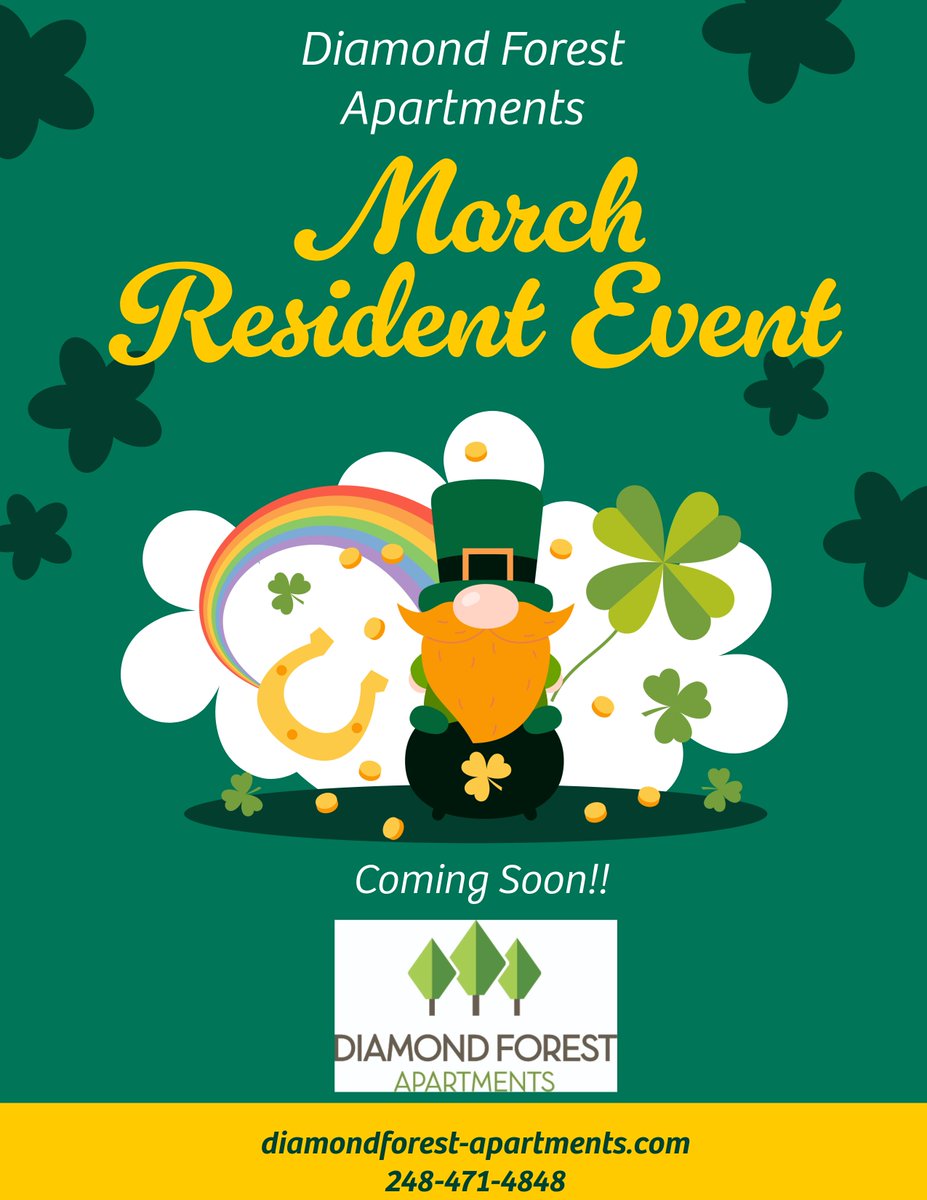 DiamondForestMI's tweet image. 🎉 Our March resident event is just around the corner! We can't wait to share the details with you next week. Trust us, this is one you definitely won't want to miss. #ResidentEvents #CommunityLiving #FunTimesAhead #hayman #michigan #diamondforestapartments #apartmentliving