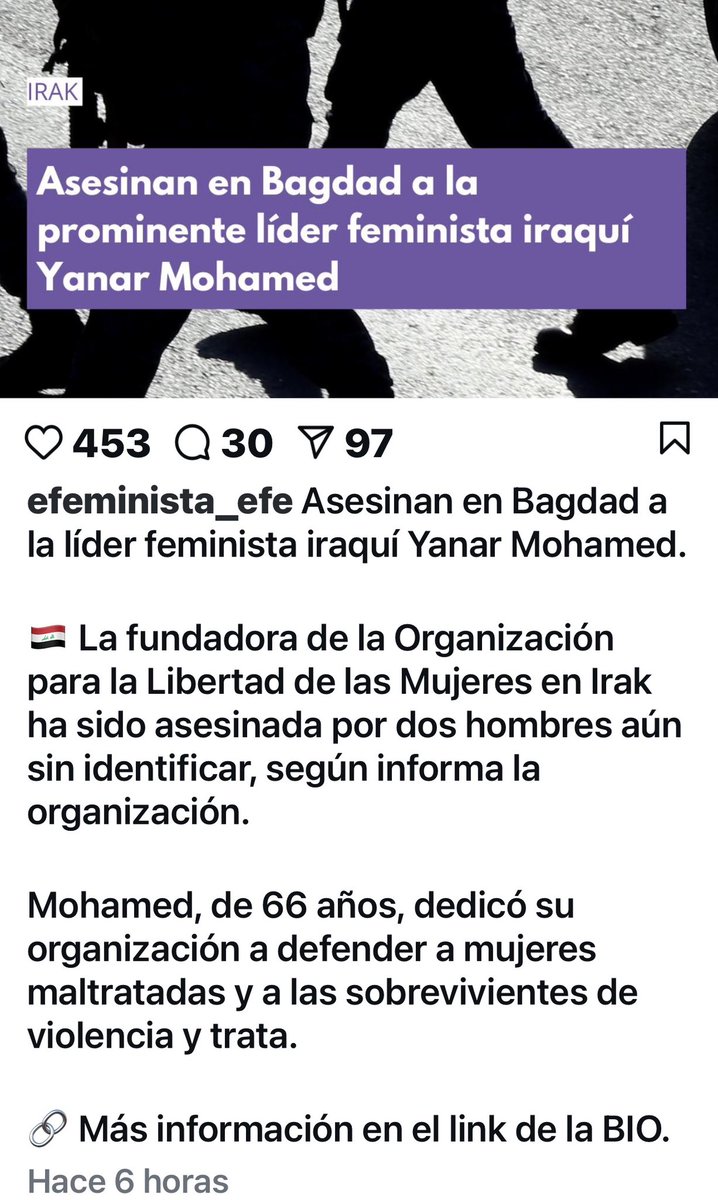 Asesinada Yanar Mohammed
✔️ ñcofundadora y directora de la Organización para la Libertad de las Mujeres en Irak (OWFI), una organización prominente en defensa de mujeres víctimas de violencia, explotación, matrimonios forzados, trata de personas y “crímenes de honor”.