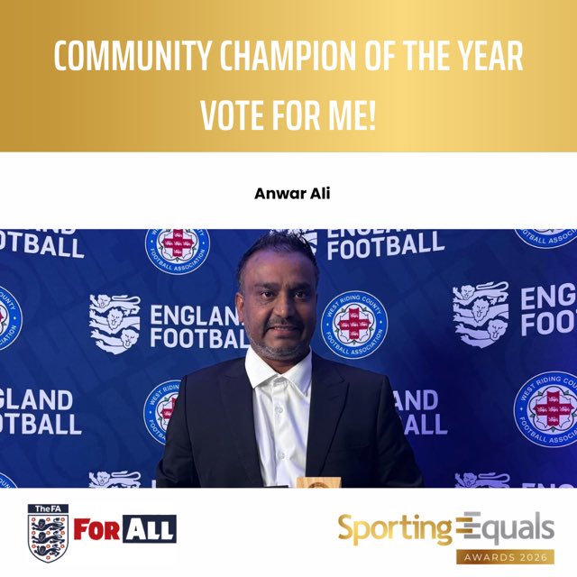 beap_c's tweet photo. Vote for Anwar Ali – FA Community Champion! 

We are incredibly proud to share that Anwar Ali has been shortlisted for FA Community Champion at the @SportingEquals Awards! 

Plz register (link ⬇️) &amp; you will need an Email to vote.

👉 Vote here: https://t.co/X2gQg6Y7gJ https://t.co/5Po8nG40vy