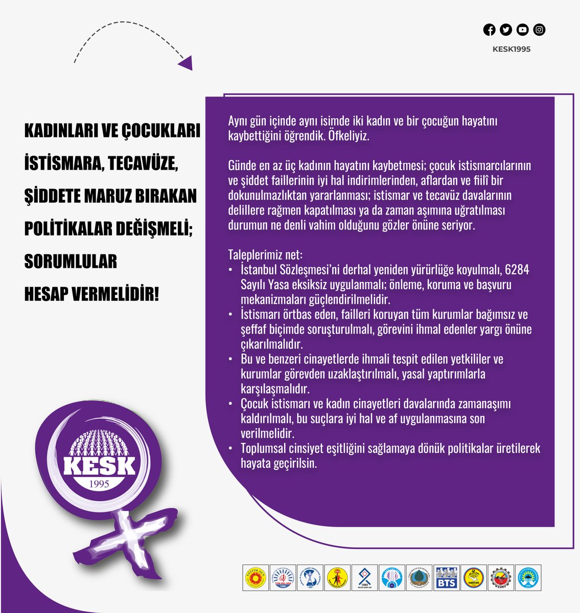 Kadınları Ve Çocukları İstismara, Tecavüze, Şiddete Maruz Bırakan Politikalar Değişmeli; Sorumlular Hesap Vermelidir!

Aynı gün içinde aynı isimde iki kadın ve bir çocuğun hayatını kaybettiğini öğrendik. Öfkeliyiz.

Günde en az üç kadının hayatını kaybetmesi; çocuk