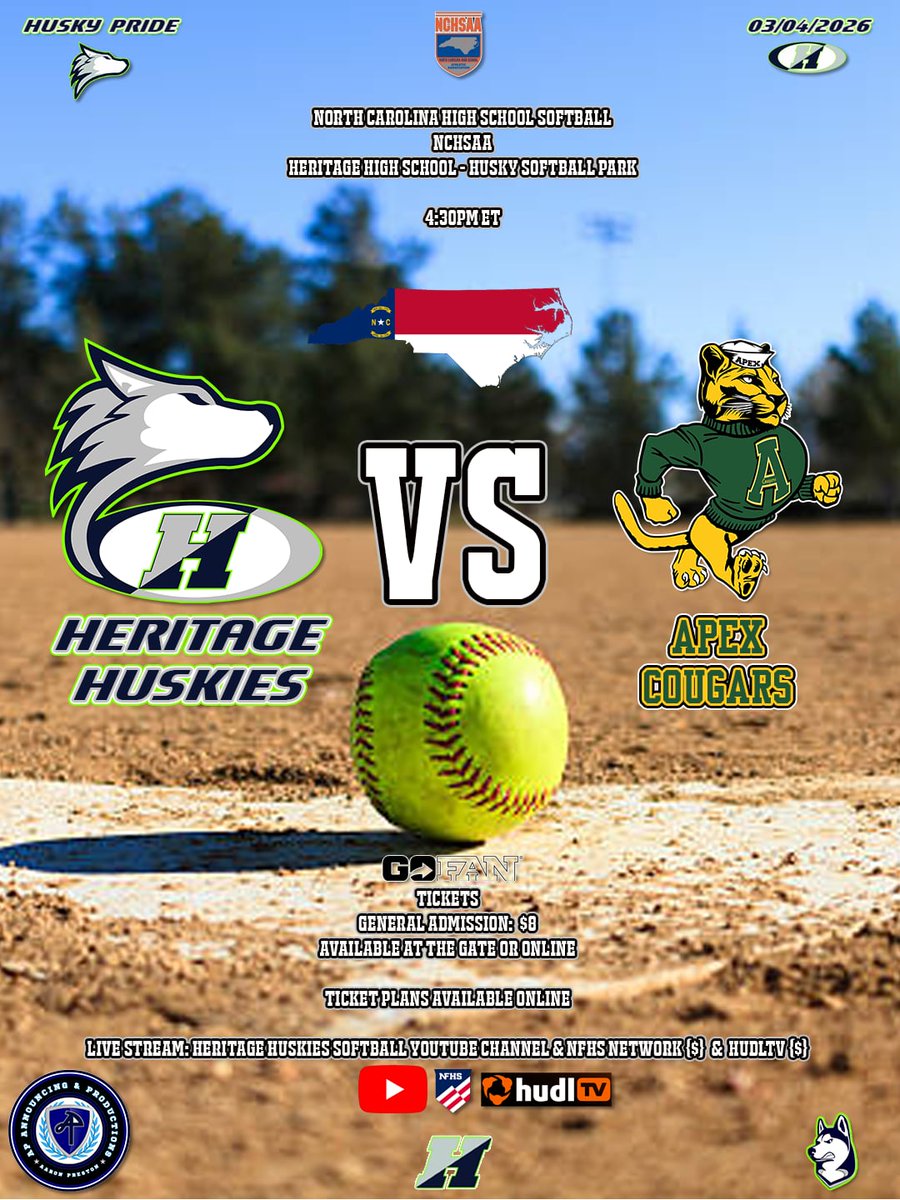 ☀️ Today (03/04/2026) 📆
🏫 High School Softball 🥎

Heritage Huskies 🐺 
🆚️
Apex Cougars 🐾

🕟 4:30pm ET

📍Husky Softball Park

📺 Heritage Huskies Softball YouTube Channel

#HuskyPride