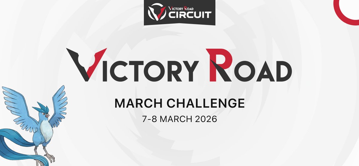 Do you have plans this weekend? Now you have. Join us for the VR March Challenge! 🚀🌐

🗓️ 7–8 Mar, 14:00 UTC
🎮 VGC Reg. Set F
🎟️ $11.50 USD
🔁 RT for a chance of a free entry!
📖 Info: victoryroad.pro/vr-mar26/
👉 Sign-ups: battlefy.com/victoryroad/vi…