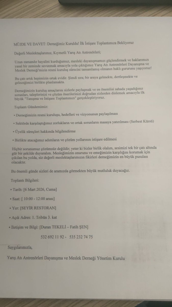 efmedya's tweet photo. ANTRENÖRLERİMİZ YEPYENİ BİR DERNEK KURDULAR 

HAYIRLARA VESİLE OLMASINI TEMENNİ EDİYORUM 

Arkadaşlar derneğimizin adı YARIŞ ATI ANTRENÖRLERI DAYANIŞMA VE MESLEK DERNEĞI 
Kurucular
 Murat Aksoy 
Duran tekeli 
Fatih şen 
Mehmet tamer 
Yaşar arslanca
Mücahit kaya
Çetin Özdil 
4 ay önce antrenörler arkadaşların sıkıntılarıni konuşurken olgunlaştı bu ay itibari ile İzmir merkezli  kuruldu
Cuma günü ilk bilgilendirme toplantımız için duyuru yaptık tabi ki şu an sadece burda olan arkadaşlar katılabilecek ama bu grubu acmamizdaki mana diğer illerdeki arkadaşlarıda bilgilendirmek görüşlerini almak biz bazı on görüşmelere başladık bize yardımcı olacak sahaların eskilerinden, işleyişi bilen avukat abilerimizden destek aldık bu konuları sizle paylascaz