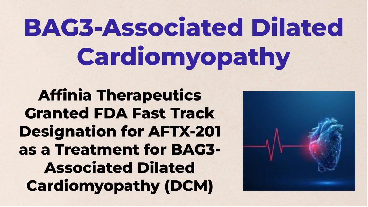 CheckOrphan's tweet image. Affinia Therapeutics Granted FDA Fast Track Designation for AFTX-201 as a Treatment for BAG3-Associated Dilated Cardiomyopathy (DCM) - For More Information Visit  shorturl.at/WGMU2  #Affinia  #DCM  #FDA  #rare_diseases  #Dilated_Cardiomyopathy  #Orphan_Drugs