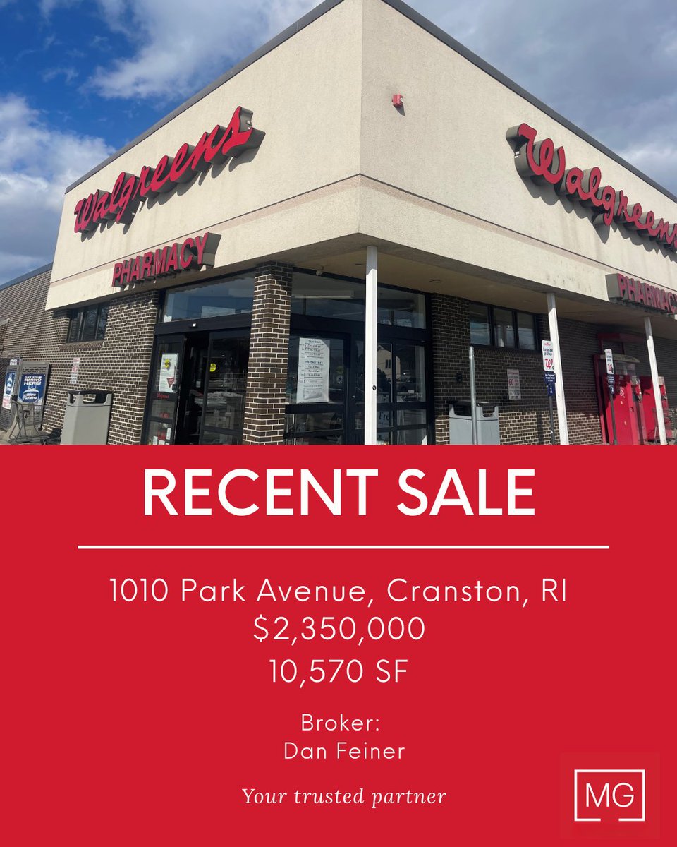 MikeGiuttari's tweet photo. Dan Feiner of MG Commercial sold a 10,570 SF former Walgreens at 1010 Park Avenue, Cranston, RI, for $2,350,000. The property will be redeveloped into a restaurant and will cater to the community.
Dan rep. the Seller, and the Buyer was represented by Lucy Zhu of Coastline Realty. https://t.co/YZrzcamh9H