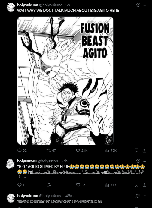 incorrectsukugo's tweet photo. holysatoru just got unsealed and he immediately jumped into a fight with holysukuna 🤦💔#LifeImitatesArt https://t.co/a9yxTxLMXP